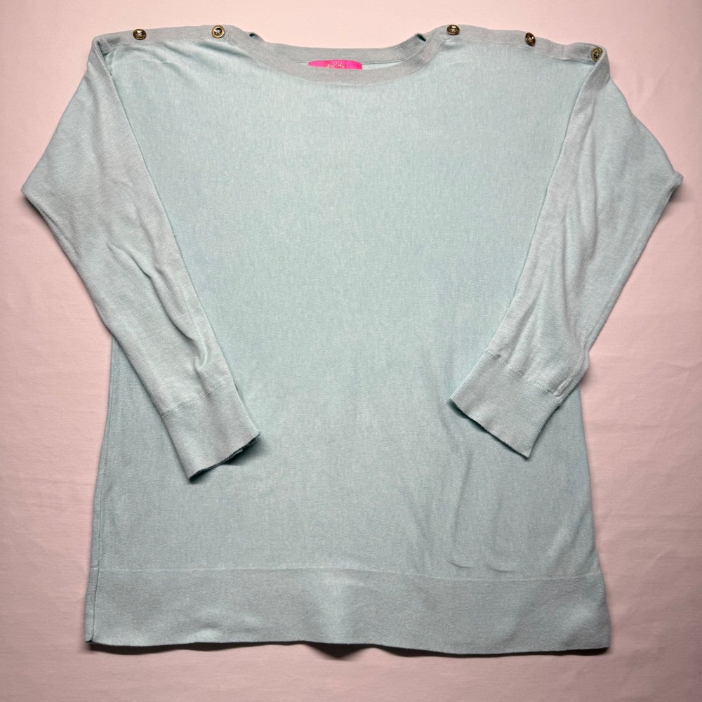 Lilly Pulitzer Milton Sweater L Blue Gold Button Boatneck Coolmax Pullover